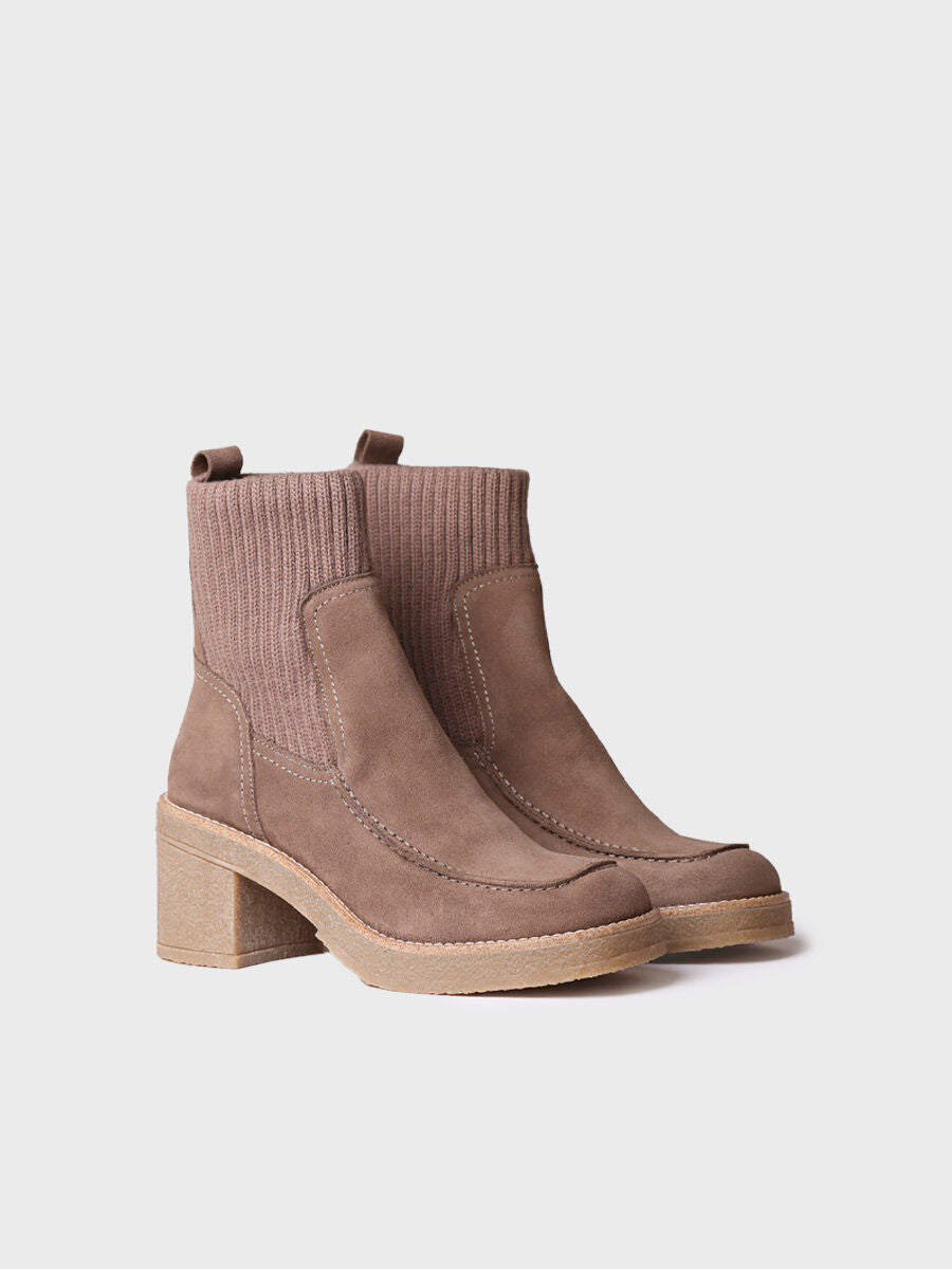 Women's Wide Heel Ankle boot in Suede and Knit Fabric in Taupe - PRAGA-SY-TAUPE