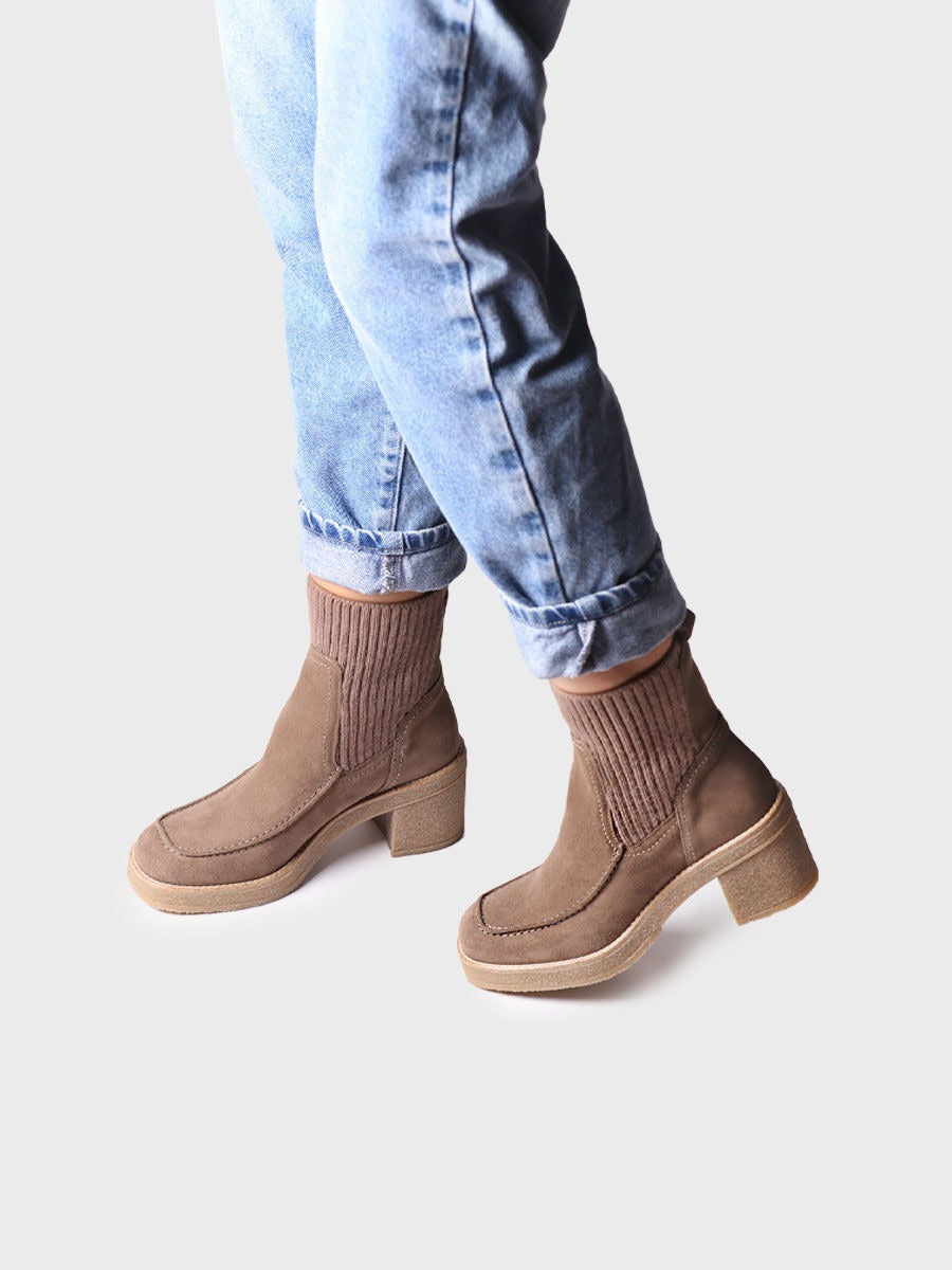 Women's wide heel ankle boot in suede and knit fabric - PRAGA-SY