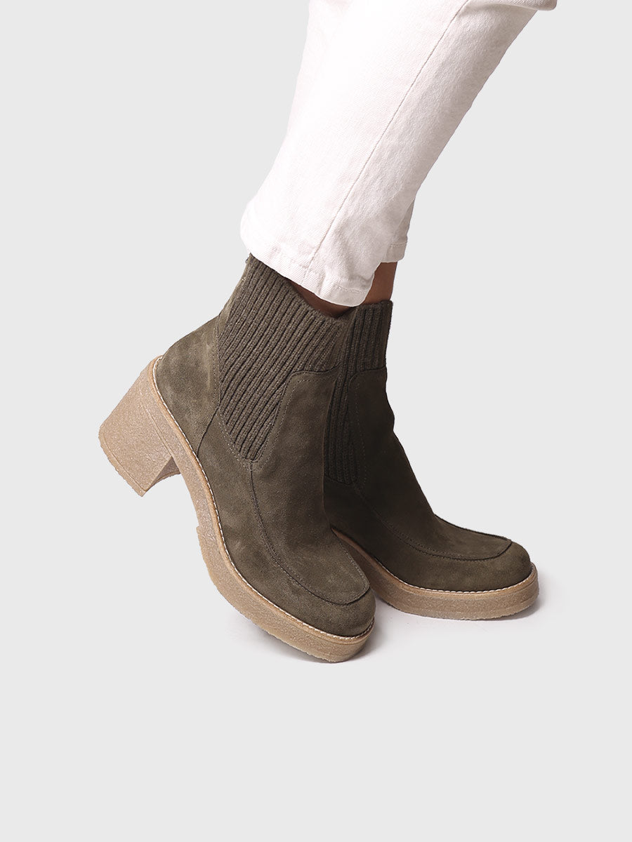 Women's Wide Heel Ankle boot in Suede and Knit Fabric in Army - PRAGA-SY-ARMY